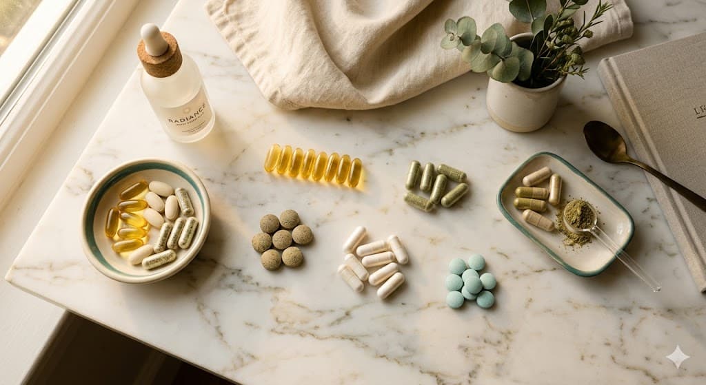 Overhead flatlay of supplement bottles